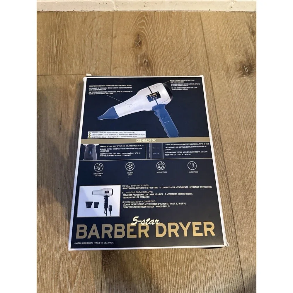 Wahl Professional 5-Star Barber Hair Dryer Ionic Cool Shot 2 Speed 3 Heat Silver